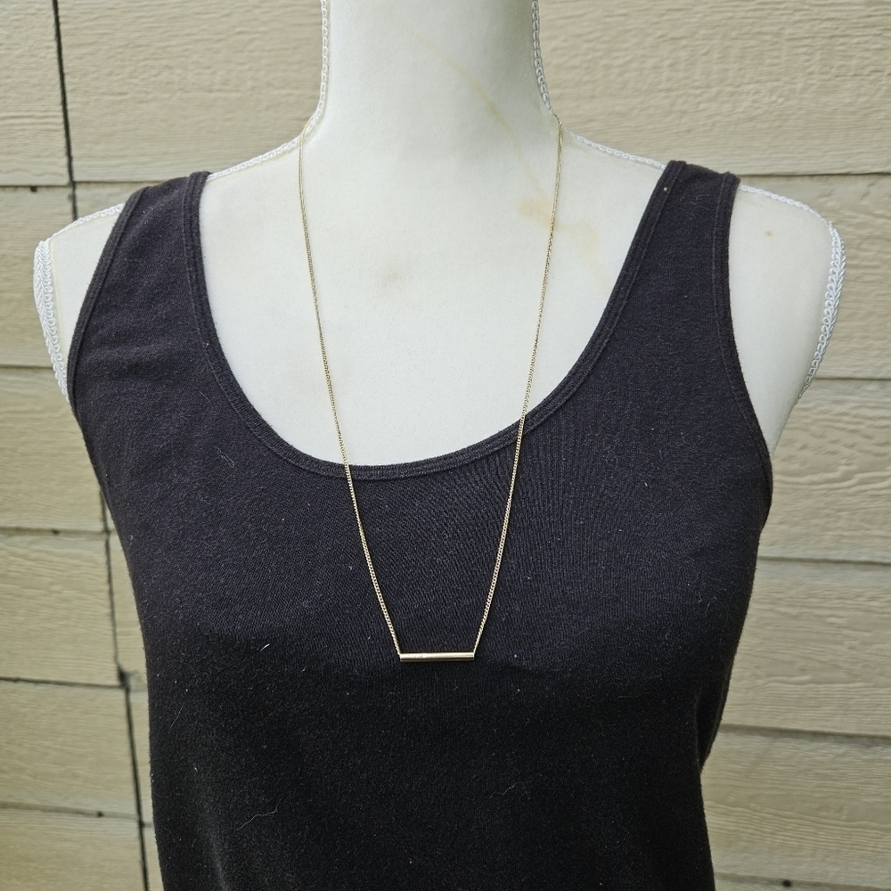 long gold tone chain necklace with sliding bar bead